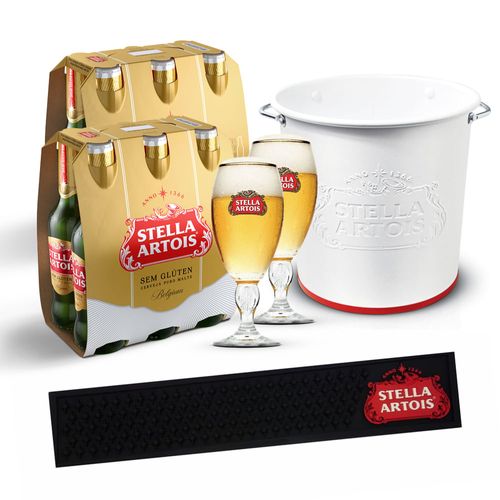 Kit Stella Artois Balde + 2 Cálices + Barmat + 12 Cervejas Sem Glúten GRÁTIS